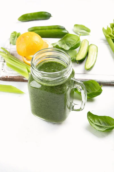 Healthy Green Smoothie Glass Jar Ingredients Wooden Table — Stock Photo, Image