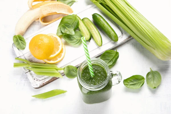 Healthy Green Smoothie Glass Jar Ingredients Wooden Table — Stock Photo, Image