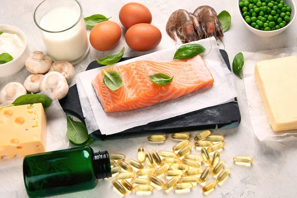 Vitamin D foods and capsulas. For Eye, bone and immune systems health, blood pressure regulation. Against cancer; Prevent memory and brain decline;