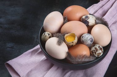 Siyah arka planda farklı tipte taze yumurta. Çiftlik ürünleri. 