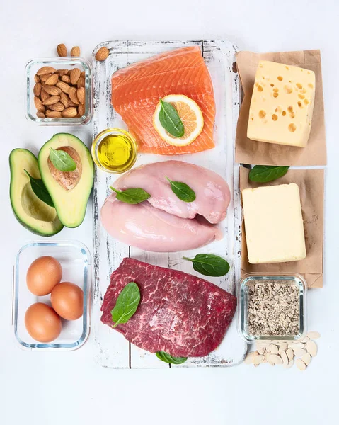 Egészséges Alacsony Szénhidráttartalmú Ételek Ketogén Étrend Koncepció Felülnézet — Stock Fotó