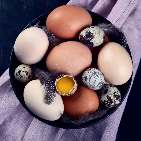 Different Types Fresh Eggs Bowl Black Background Farm Products Top — Stock Photo, Image