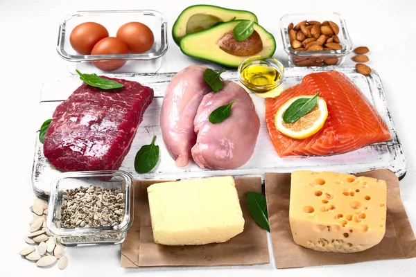 Egészséges Alacsony Szénhidráttartalmú Ételek Ketogén Étrend Koncepció — Stock Fotó