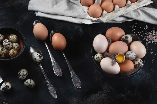 Diferentes Tipos Huevos Frescos Tazón Sobre Fondo Negro Productos Agrícolas —  Fotos de Stock