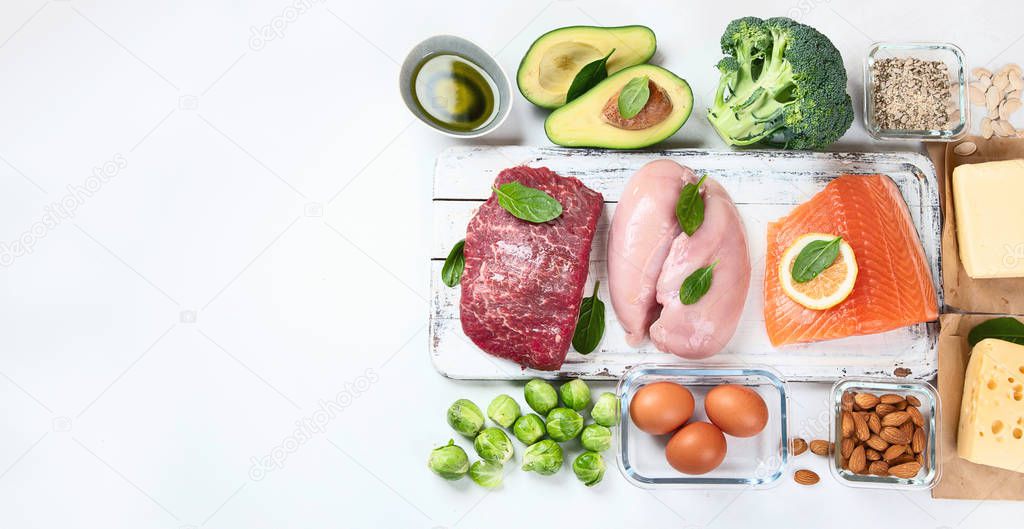 Healthy low carbs food.. Ketogenic diet concept. Top view with copy space. Panorama, banner 