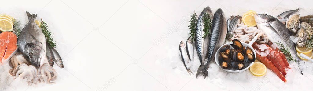 Fresh raw seafood. Healthy diet eating concept. Top view with copy space. Panorama, banner