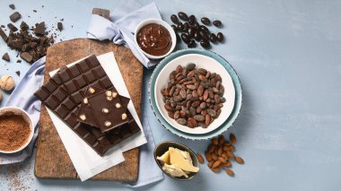 Koyu acı çikolata, kakao yağı, kakao tozu ve mavi arka planda kakao çekirdeği. Çikolata arkaplanı. Kopyalama alanı olan üst görünüm 