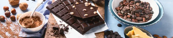 Тёмно Горькие Шоколадные Батончики Масло Какао Порошок Какао Бобы Какао — стоковое фото