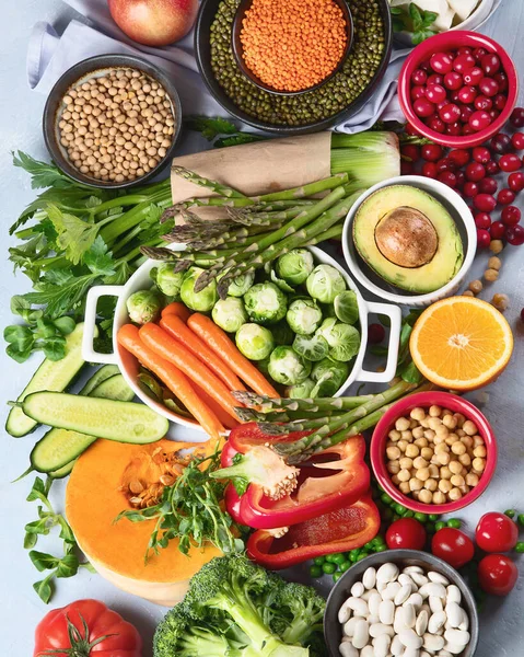 Raw healthy food for vegans.Vegetable albumen sources. Foods high in Plant protein, vitamins, mineral, fiber and antioxidants. Vegan and vegetarian food concept. Top view with copy space.