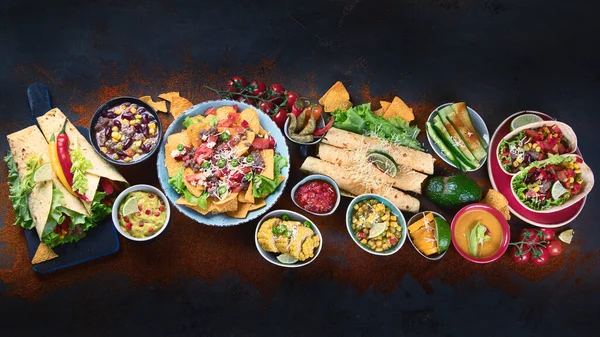 Traditional Mexican Food Mix Dark Background Top View Copy Space — Stock Photo, Image