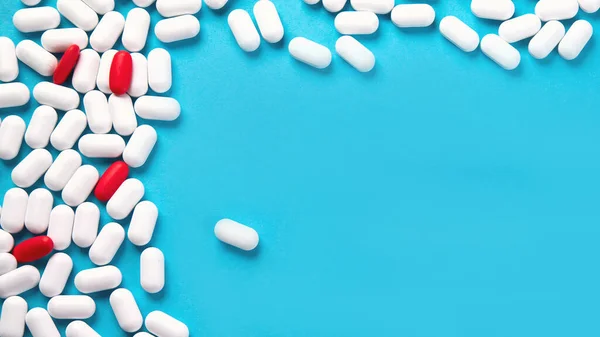 Heap Pills Blue Background Top View Copy Space — Stock Photo, Image