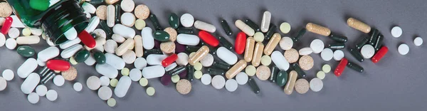 Heap Pills Grey Background Top View Panorama Banner — Stock Photo, Image