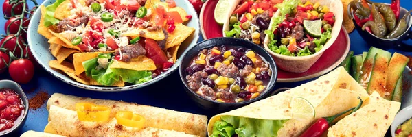 Meksykańska Mieszanka Żywności Niebieskim Tle Panorama Sztandar — Zdjęcie stockowe