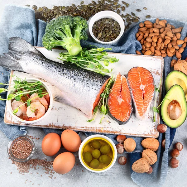 Omega Yağ Asitli Zengin Gıdalar Sağlıklı Yağ Vitamin Mineral Antioksidan — Stok fotoğraf