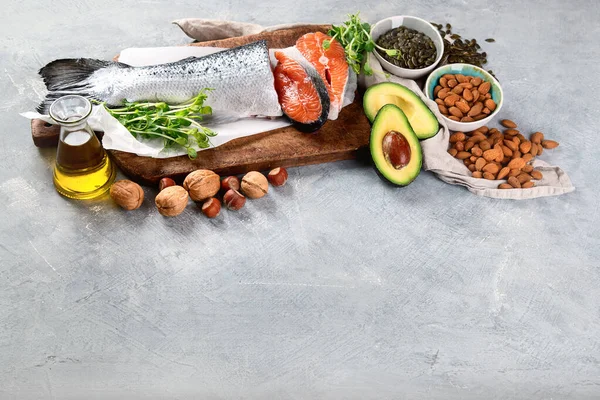 Omega Savak Forrásai Egészséges Zsírokban Vitaminokban Antioxidánsokban Gazdag Élelmiszerek Fénymásolós — Stock Fotó