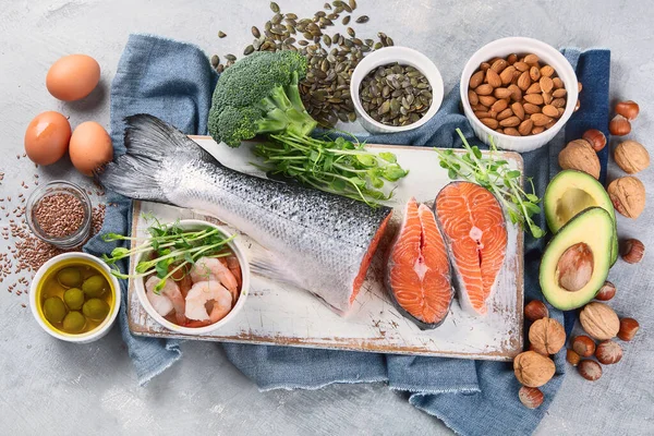 Omega Fettsyrerik Mat Produkter Med Hög Halt Hälsosamma Fetter Vitamin — Stockfoto