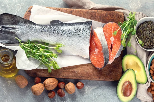 Omega Asit Kaynakları Var Sağlıklı Yağ Vitamin Antioksidan Içeren Yiyecekler — Stok fotoğraf