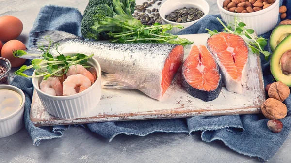 Omega Fettsyrerik Mat Produkter Med Hög Halt Hälsosamma Fetter Vitamin — Stockfoto
