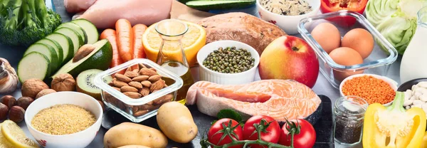 Ισορροπημένο Διατροφικό Υπόβαθρο Διατροφή Καθαρό Φαγητό Σχέδιο Διατροφής Βιταμίνες Και — Φωτογραφία Αρχείου