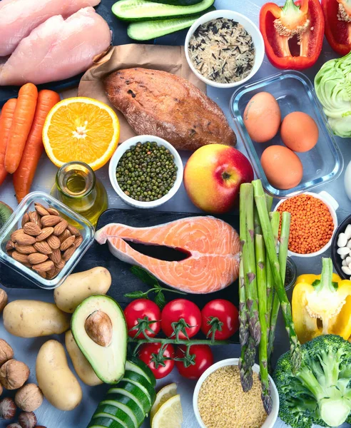 Equilibrado Dieta Alimentos Fondo Nutrición Concepto Comida Limpia Plan Dieta — Foto de Stock
