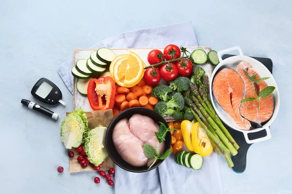 Alimentos Saudáveis Glicêmicos Baixos Para Dieta Diabética Alimentos Com Alimentos — Fotografia de Stock