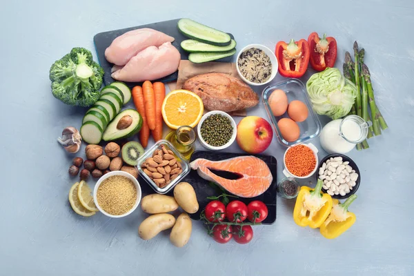 Fundo Comida Dieta Equilibrada Nutrição Conceito Alimentação Limpa Plano Dieta — Fotografia de Stock