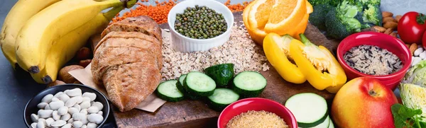 Alimentos Ricos Carbohidratos Sobre Fondo Gris Alimentos Veganos Ricos Fibra — Foto de Stock
