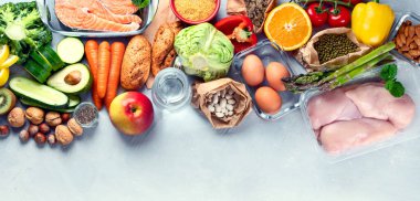 Sağlıklı beslenme planı. Yemek planlama. Zayıflatma ve kilo kaybı konsepti. Üst Manzara. Düz yatıyordu