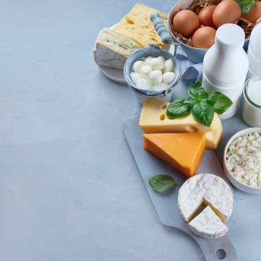 Taze tarım ürünlerinin farklı türleri. Kalsiyum açısından zengin yiyecekler. Kopyalama alanı olan üst görünüm