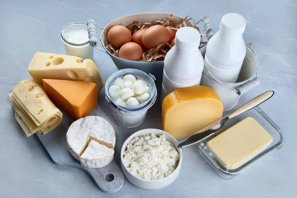 Different Types Fresh Farm Dairy Products Foods Rich Calcium — Stock Photo, Image