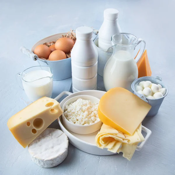 Different Types Fresh Farm Dairy Products Foods Rich Calcium — Stock Photo, Image