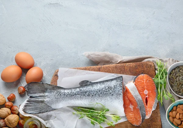 Omega Savak Forrásai Egészséges Zsírokban Vitaminokban Antioxidánsokban Gazdag Élelmiszerek Felülnézet — Stock Fotó