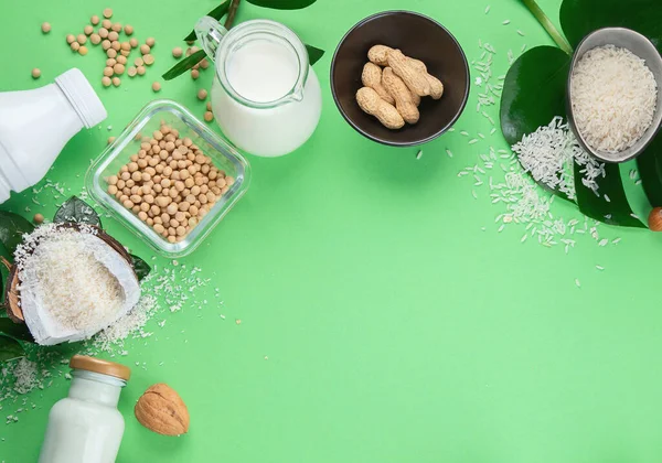 Diverse Veganistische Plantaardige Melk Ingrediënten Zuivelvrije Melk Vervangende Drank Groene — Stockfoto