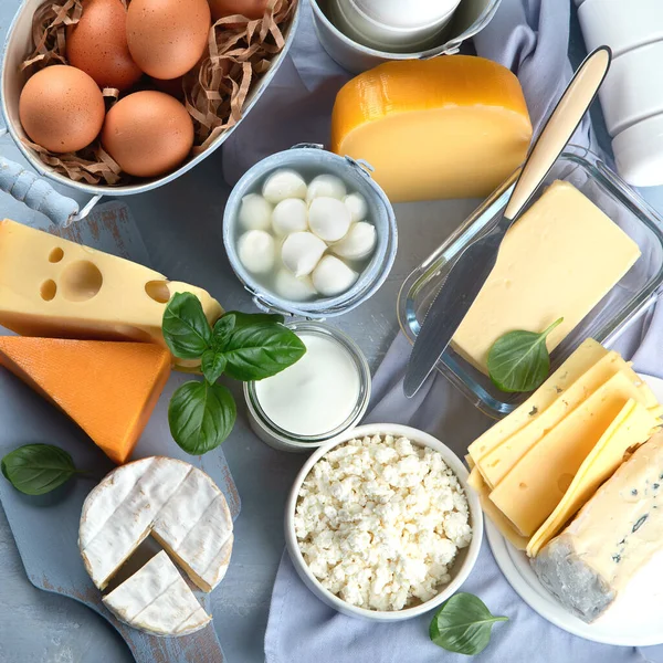 Different Types Fresh Farm Dairy Products Foods Rich Calcium Top — Stock Photo, Image