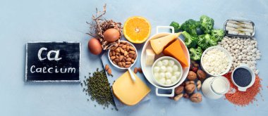 Sağlıklı beslenme ve bağışıklık güçlendirici için kalsiyum zengini gıdalar. Üst Manzara, Panorama, Pankart