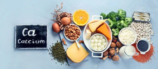 Sağlıklı beslenme ve bağışıklık güçlendirici için kalsiyum zengini gıdalar. Üst Manzara, Panorama, Pankart