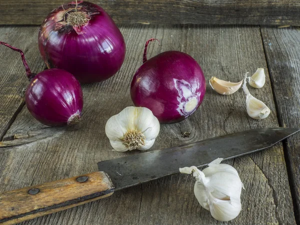 Cebolla roja cruda y ajo — Foto de Stock