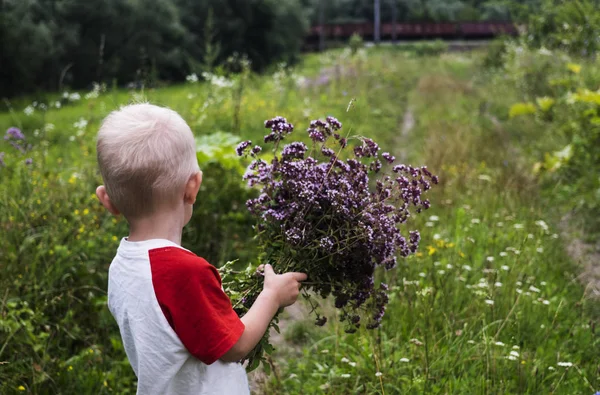 Pojken tittar på ett passerande tåg — Stockfoto