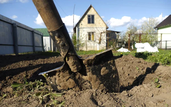 Tuinman met tuin spade graven — Stockfoto