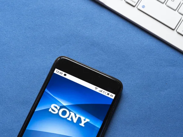 In this photo illustration the Sony logo is seen displayed on a — 스톡 사진