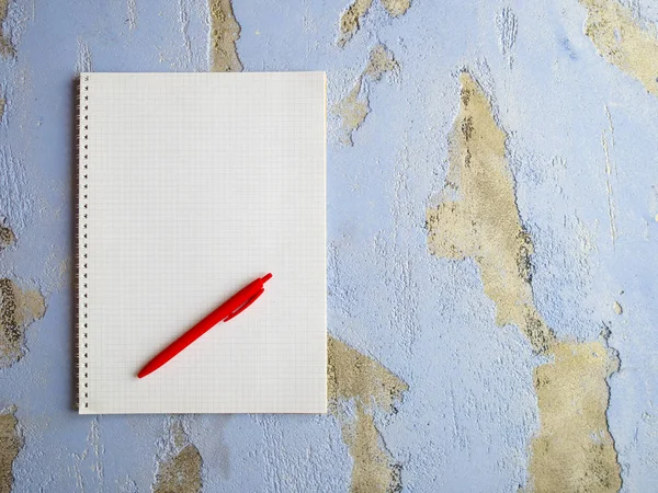 Широкое Изображение Пустой Спиральной Ноты Красной Ручки Голубой Поверхности — стоковое фото