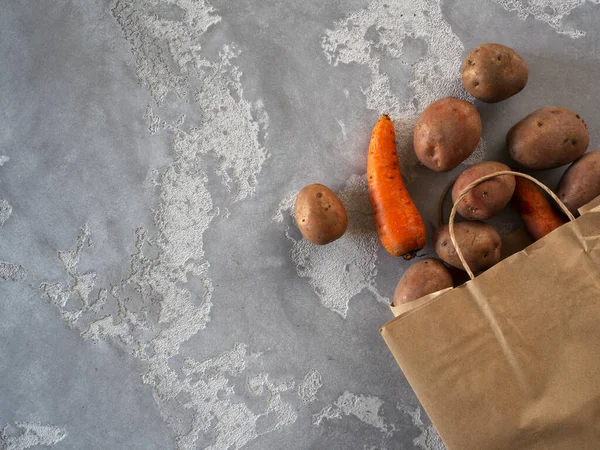灰色の背景に生のジャガイモとニンジンと紙袋のフラットレイ写真 — ストック写真