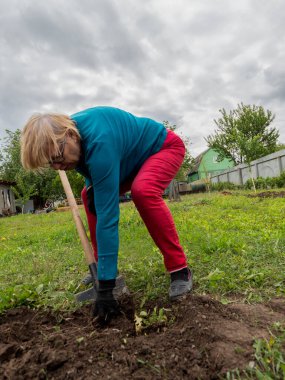 Beyaz kadın bahçede yabani otları temizliyor.