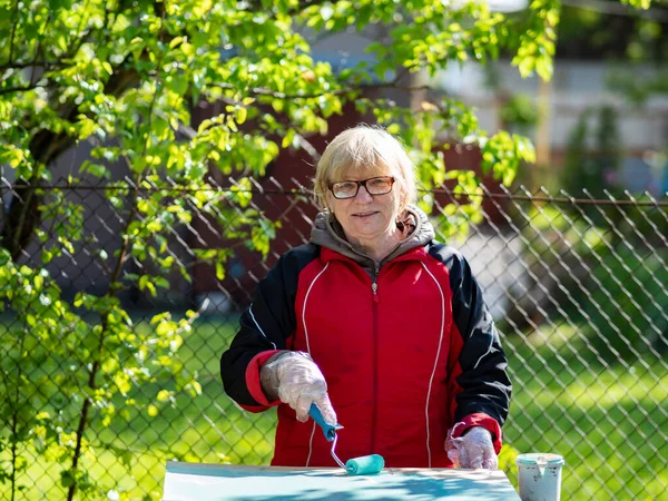 Femme Caucasienne Senior Peint Feuille Contreplaqué Turquoise Avec Rouleau Peinture — Photo