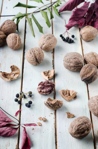 Walnuts on wooden white background — Stock Photo, Image