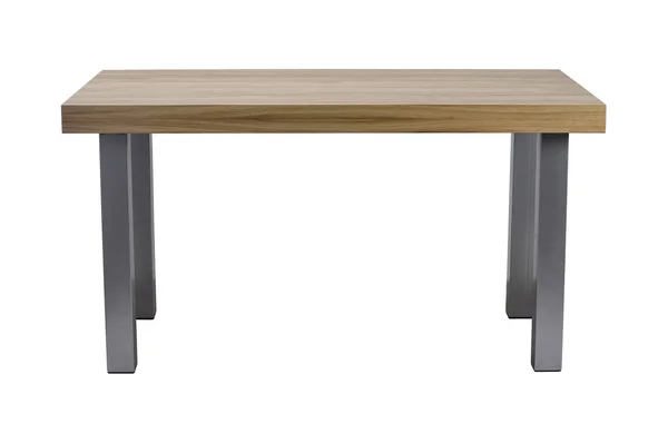 Fából Készült Asztal Szürke Fém Lábakkal Elszigetelt Fehér Background — Stock Fotó