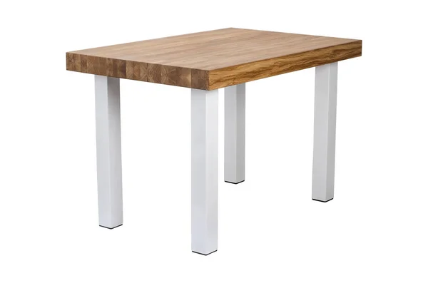 Fából Készült Asztal Fehér Fém Lábakkal Elszigetelt Fehér Background — Stock Fotó
