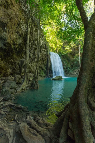 Erawan Waterfall with fish in water — Stock Photo, Image
