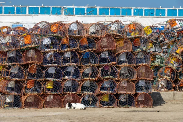 螃蟹陷阱的堆栈是摩洛哥埃萨乌拉港 — 图库照片