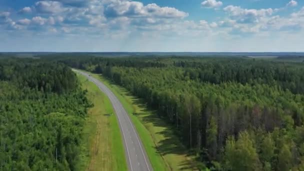 Vista aérea superior na estrada do país na floresta — Vídeo de Stock